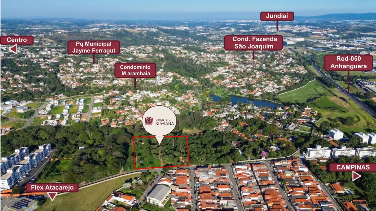 Vista aérea do terreno do Gran Vic Niágara com pontos de referência do entorno