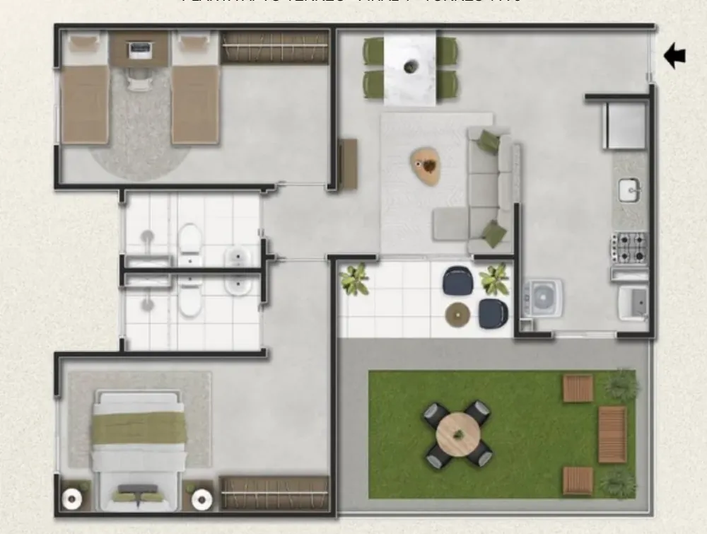 Planta do apartamento garden de 68,97 m² com quintal privativo, torres 1 a 6
