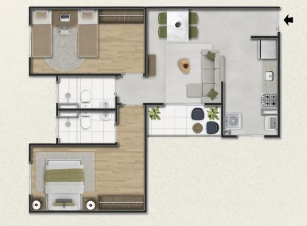 Planta do apartamento tipo de 55,12 m², torres 1 a 8